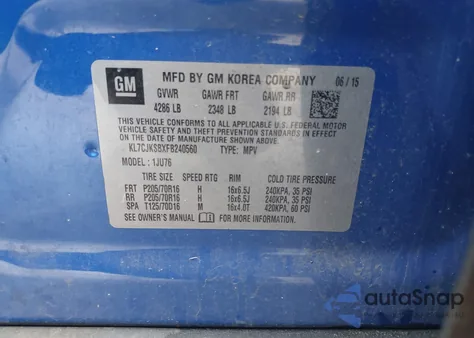 2015 Chevrolet Trax 1Ls z USA, uszkodzony, nr VIN KL7CJKSBXFB240560